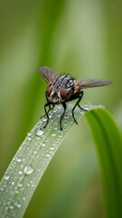 Macro photo of a fly perched on a leaf 