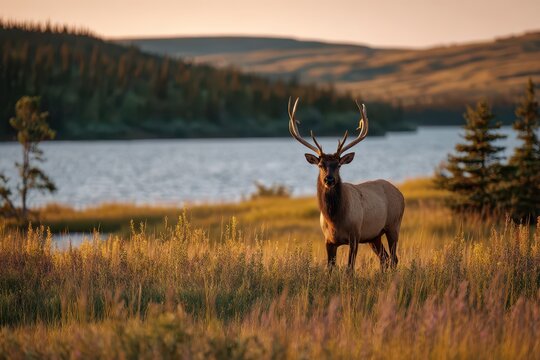 Grazing bull elk on rolling prairie with a distant lake and boreal forest backdrop