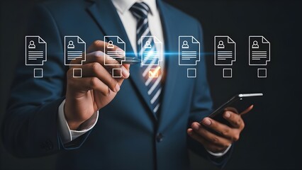 Fototapeta premium Businessman using a digital tablet and mobile phone with virtual icons displayed