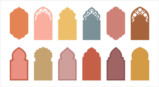 Set of Islamic Arch Window Frames and Decorative Arabic Silhouette Borders for Ramadan Kareem Invitation Design and Traditional Middle Eastern Architectural Backgrounds
