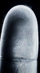 Macro shot of a human fingerprint pressed against a lit pixel screen. Represents biometric security, identity verification, and technology. Ideal for cyber safety and forensic concepts.