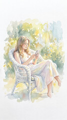 Watercolor painting depicts girl in wicker chair using smartphone outdoors. Scene evokes summer relaxation and tranquility. Ideal for lifestyle illustrations and artistic designs.