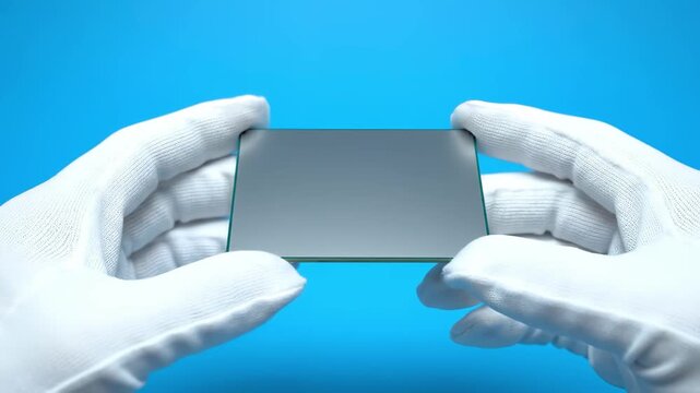 Gloved Hands Handling Thin CPU chip In Bright Blue Studio Light 