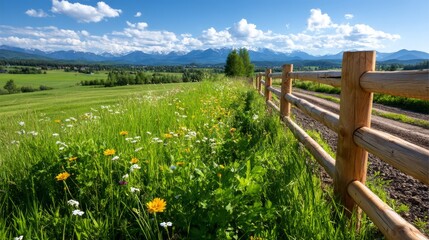 Fototapeta premium Scenic Wooden Fence Installation Along Countryside Road with Beautiful Mountain Backdrop