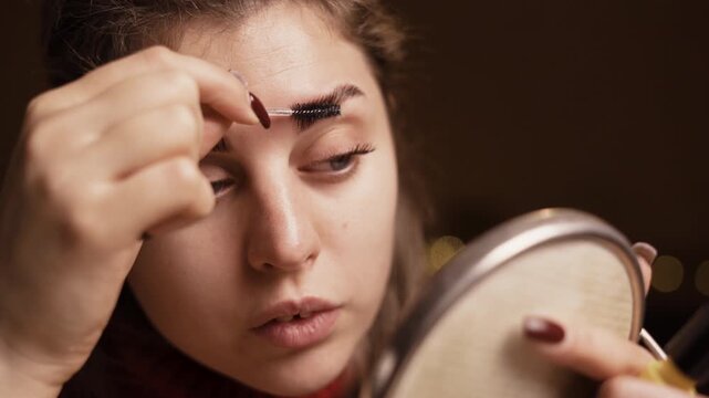Young woman looking in the mirror and brushing her eyebrow with spoolie