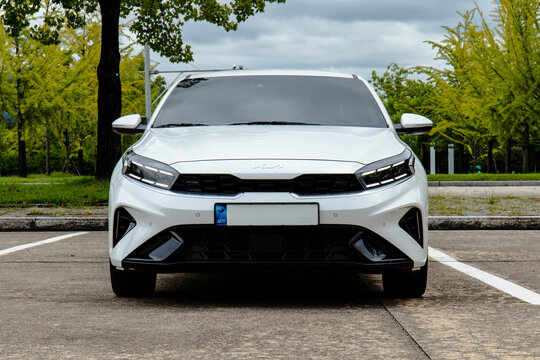 September 19, 2021, Seoul, South Korea - Front view of a white Kia The New K3 car parked outdoors