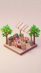 3D isometric render of a girl at an outdoor cafe using a smartphone. Cute clay style scene with trees and cake suitable for app interfaces and social media designs.