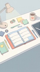 Top view illustration of a cozy desk with a lamp, planner, tablet and coffee. Soft pastel colors create a calm, productive mood perfect for study or work themes.