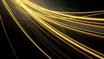 Abstract golden light trails streak across a dark background, suggesting speed and energy.