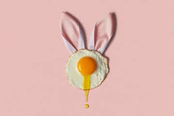 Creative Easter Food Art With Fried Egg Bunny Ears On Pastel Pink Background Minimal Concept