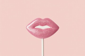 Pink Glitter Lips Lollipop on Pastel Background Minimal Beauty Concept