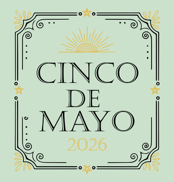 Cinco De Mayo 2026 Elegant Typography Label with Vintage Sunburst and Decorative Frame