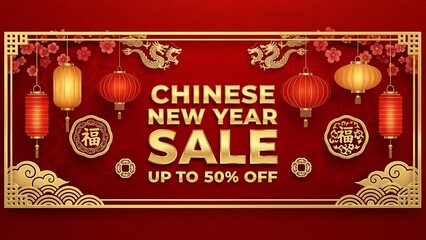 Chinese New Year sale banner with red and gold lanterns and dragons on red background