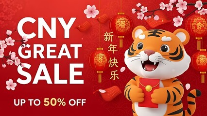 Chinese New Year sale advertisement with cartoon tiger and cherry blossoms