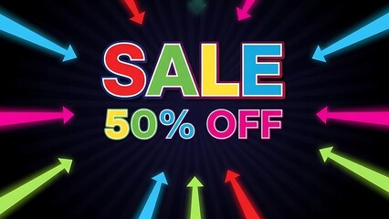 Sale fifty percent off colorful arrows pointing outward on dark background