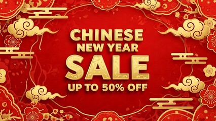 Chinese New Year sale advertisement with gold decorations on red background