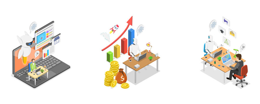 3D Isometric Flat  Illustration of AI Sales Improvement, Increase Revenue, Investment or Growing Sales
