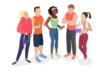 Fototapeta premium 3D Isometric Flat Illustration of Friends Workout Together, Excited People In Athletic Attire Pose In Gym With Fitness Gear