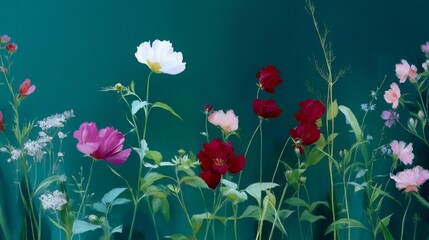 A beautiful arrangement of flowers stands against a serene backdrop. Various colors and types create a vibrant display. Perfect for nature lovers and floral enthusiasts. AI