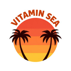 Obraz premium Vitamin sea sunset with palm trees vector emblem for tropical summer vacation