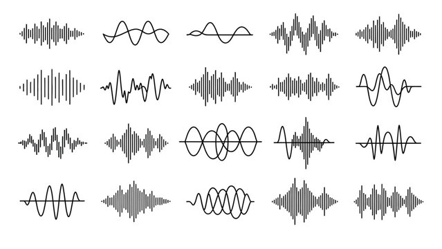Set of various audio sound waves and equalizer amplitude patterns, abstract vector graphic on an isolated white background