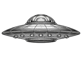 detailed 1950s flying saucer ufo, black and white hatching engraving style, technical drawing illustration floating on transparent background, retro-futuristic technical accuracy concept