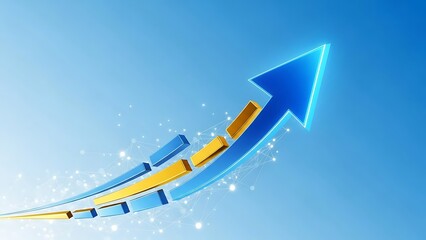 Blue and yellow bar graph with glowing arrow pointing upwards symbolizing business growth and upward trend in a modern presentation style indicating success and progress.