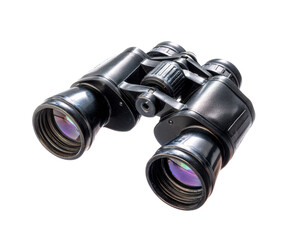 Pair of old black binoculars with reflective coated lenses and a textured surface is shown in a detailed studio shot, representing observation, exploration, and surveillance