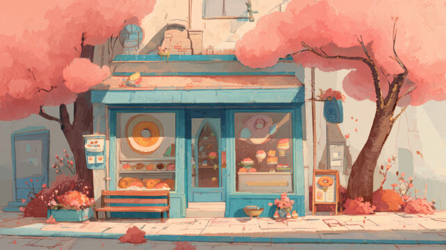 Charming Polish Bakery Storefront Illustration with Pączki for Donut Day Promotions, European Pastry Branding, and Festive Marketing