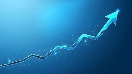 Rising arrow graph with glowing blue line and sparkling accents indicating upward trend in business growth and financial success.