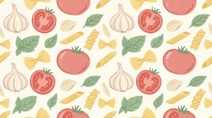 Italian food seamless pattern, tomato, garlic, basil, pasta, vector illustration, cooking background, kitchen wallpaper, food texture, vegetable print, fresh ingredients, italian cuisine, penne, art.