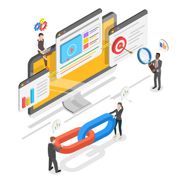 3D Isometric Flat  Illustration of Link Building, Mobile Applications Marketing