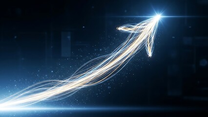 Bright glowing arrow symbolizing growth success and progress shining in a dark blue background with sparkling lights and vibrant streaks of light representing forward movement and positive direction.