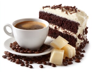 Coffee cup slice of cake and snacks on white surface closeup
