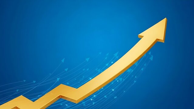 A large gold arrow on a blue background pointing upwards symbolizing growth and progress in a business or financial context with a steady upward trend.