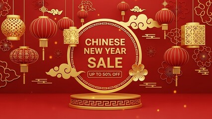 Naklejka premium Chinese New Year sale promotion with red and gold lanterns and decorations