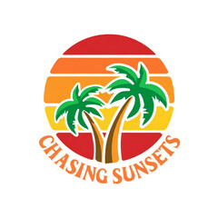 Obraz premium Chasing sunsets colorful graphic with palm trees and beach vibe