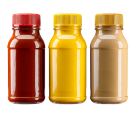 Three colorful plastic condiment bottles with red, yellow, and brown sauces stand in a neat row, showcasing their vibrant contents and glossy screw caps in a studio setting