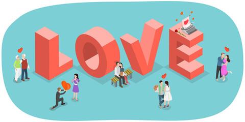 Obraz premium 3D Isometric Flat Illustration of Love, Romantic CoupleS Typography Banner Inspired By Character Motivations In Love Story