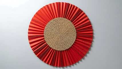 Circular red paper art with intricate woven center