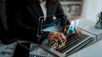 Business professional analyzes data using advanced technology and artificial intelligence for growth strategies and market insight in a modern office setting Gluon.