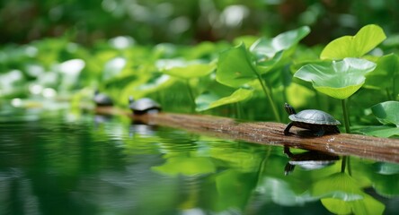 A serene scene of turtles resting on a log surrounded by lush green plants. This image captures the peacefulness of nature. Ideal for wildlife and nature-related projects. AI