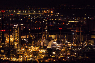 Nighttime Drone View of Hellenic Petroleum Refinery. Thessaloniki, Greece