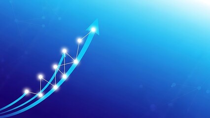 Business growth and success graph illustration with upward trending arrow and connected glowing dots on blue gradient background representing progress and achievement in a modern digital context.