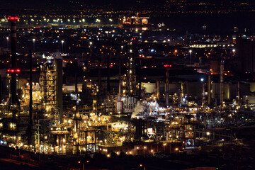 Nighttime Drone View of Hellenic Petroleum Refinery. Thessaloniki, Greece