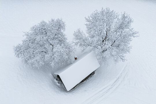Aerial view of a snow-covered cabin nestled between frosty trees, a serene winter scene with tire tracks etched in the white landscape, Stainz, Styria, Austria.