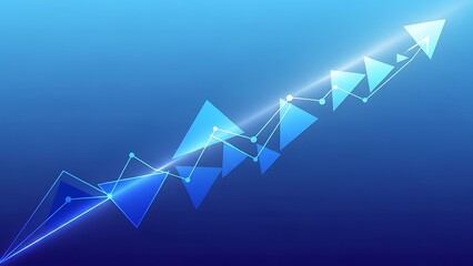 Ascending blue arrows and connecting lines forming an upward trend on a gradient blue background symbolizing growth and progress in a modern and dynamic visual representation of success.