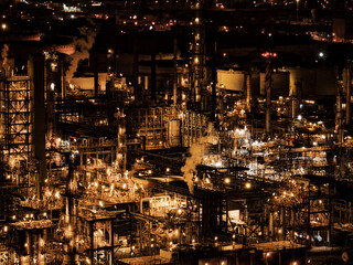 Nighttime Drone View of Hellenic Petroleum Refinery. Thessaloniki, Greece