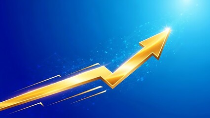 Golden arrow graph pointing upwards symbolizing growth and success in business and finance with a bright blue background.