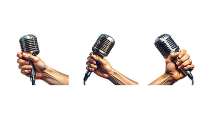  Vintage Microphone with Hand in Dynamic Speaking Pose, Side Angle Graphic Art, Isolated PNG